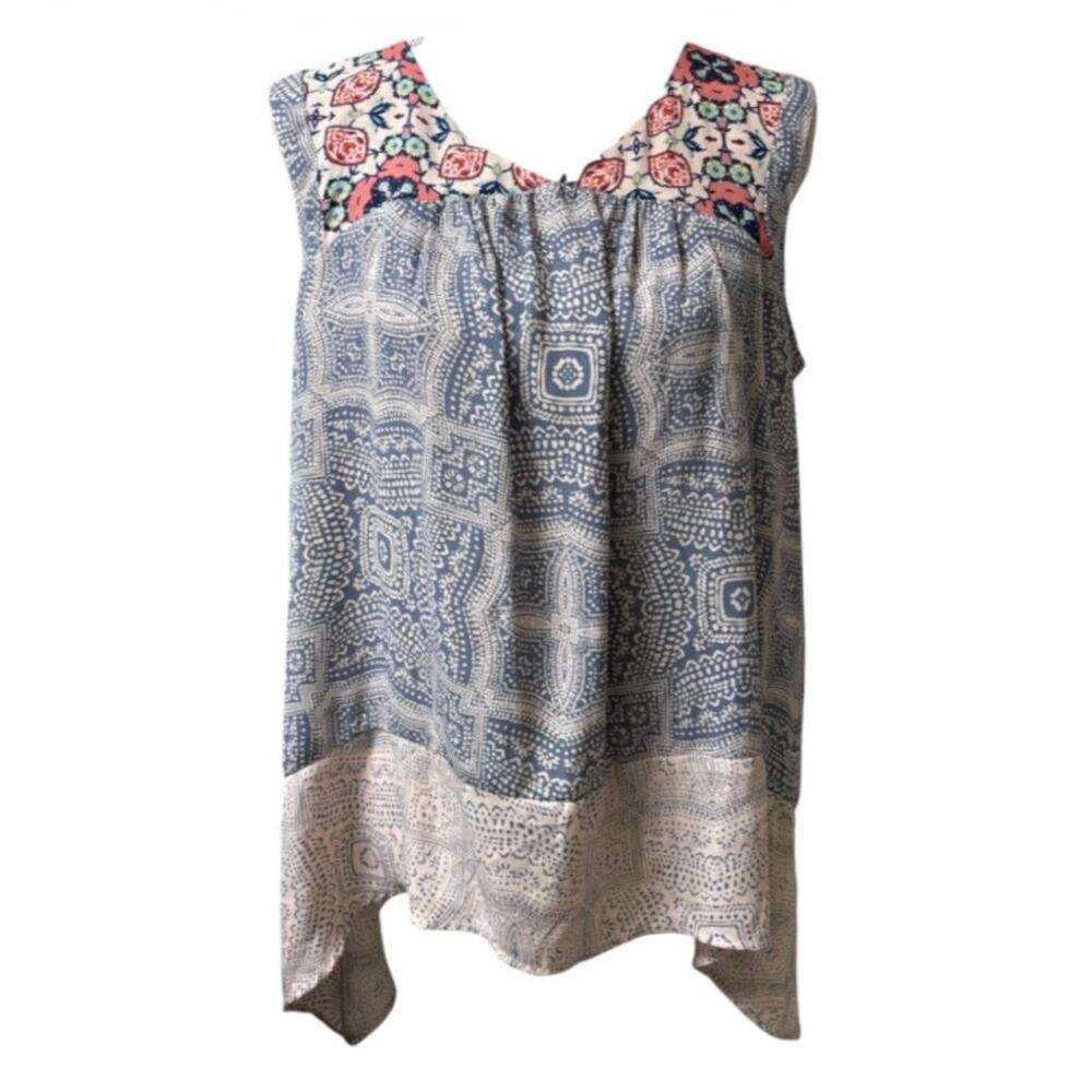 NWOT Knox Rose Women's XL Blue Floral Sleeveless Tank Top Tunic Shirt Tie Back